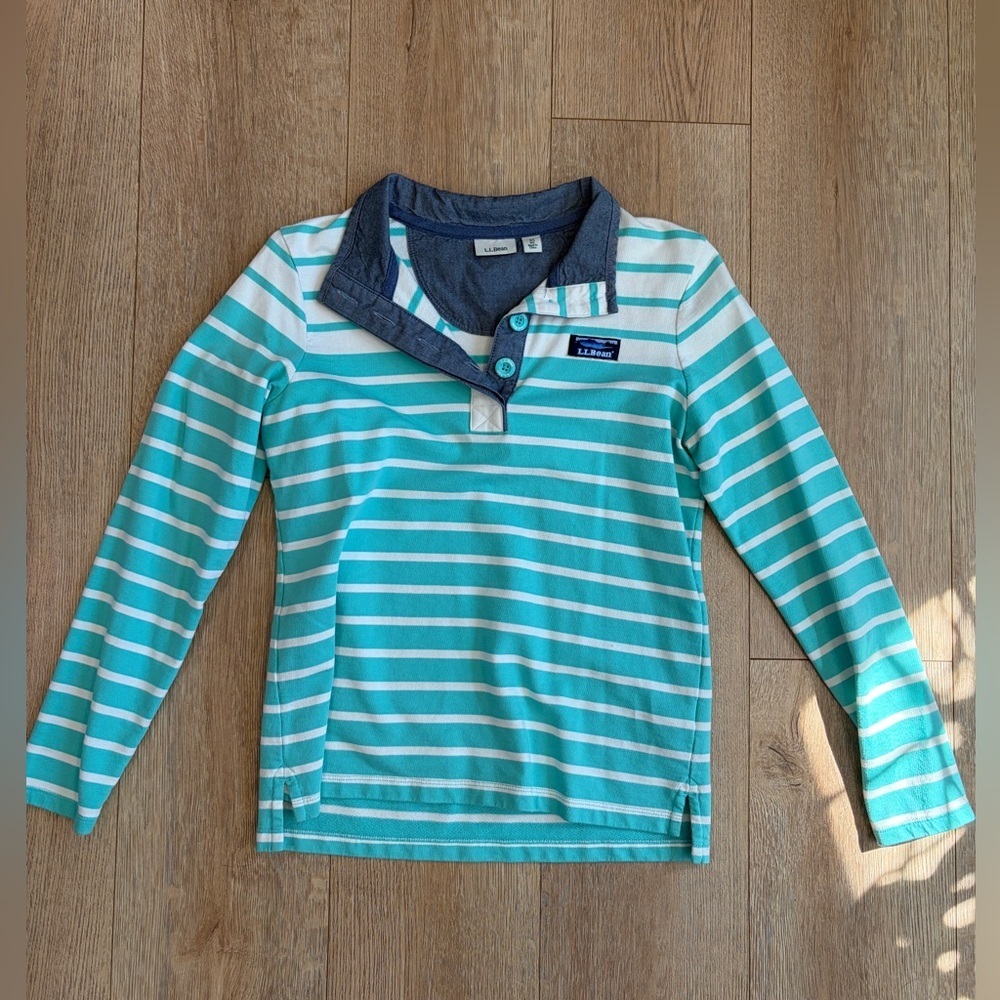 L.L.Bean Striped Henley Pullover XS Blue Green Long Sleeve Top